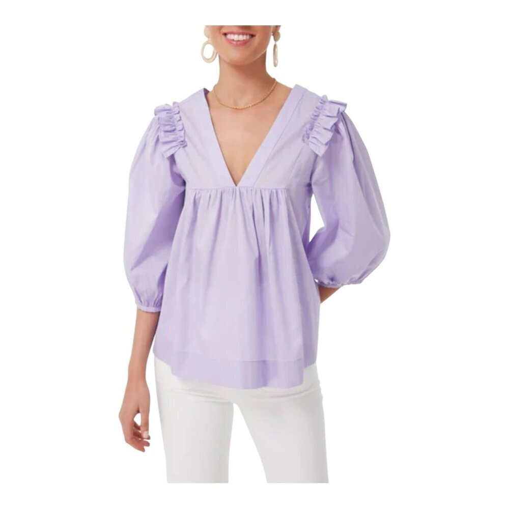HARSHMAN Lilac Cheryl Blouse Size Medium Cotton V-neck Ballon Sleeves Tuckernuck